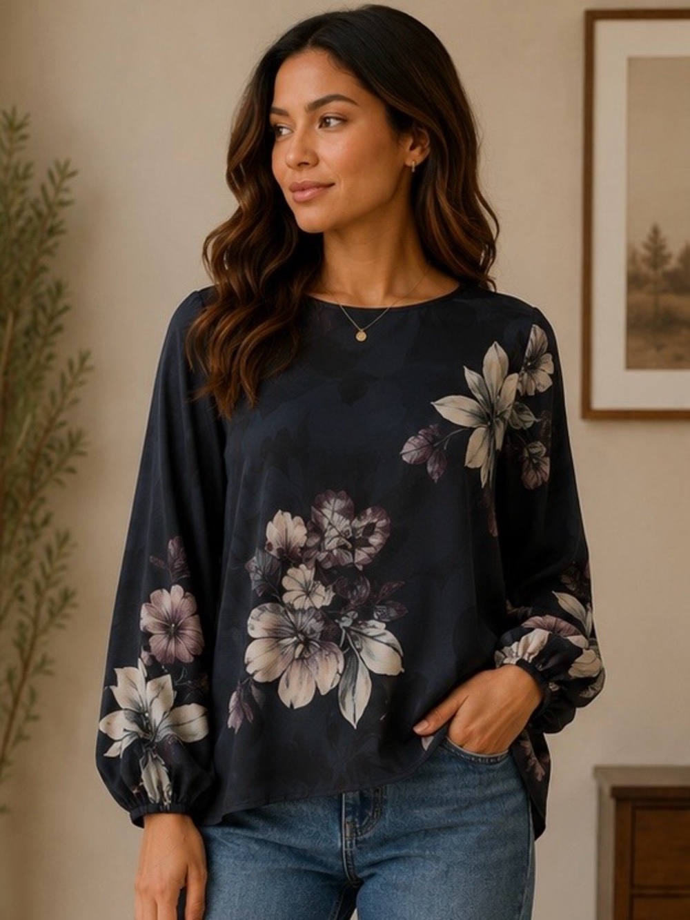 Navy Sheer Floral Blouse with Soft Pink Blooms